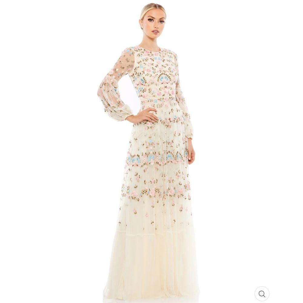 Mac Duggal 35111 Womens Ivory Embroidered Blouson Sleeve Boho Gown Dress - Picture 2 of 16